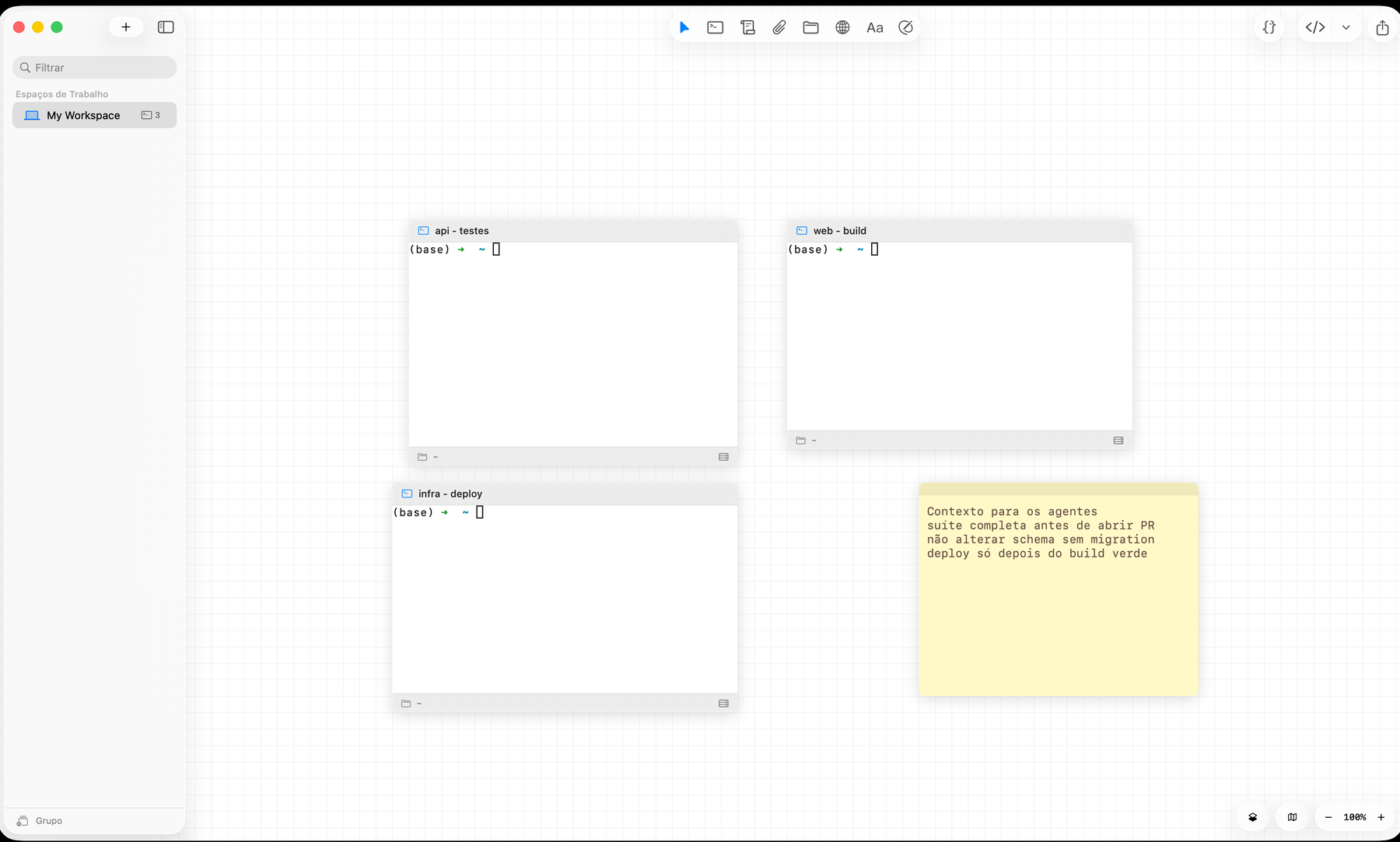 Canvas do Maestri com três terminais lado a lado, nomeados api - testes, web - build e infra - deploy, e uma nota amarela com instruções de contexto para os agentes.