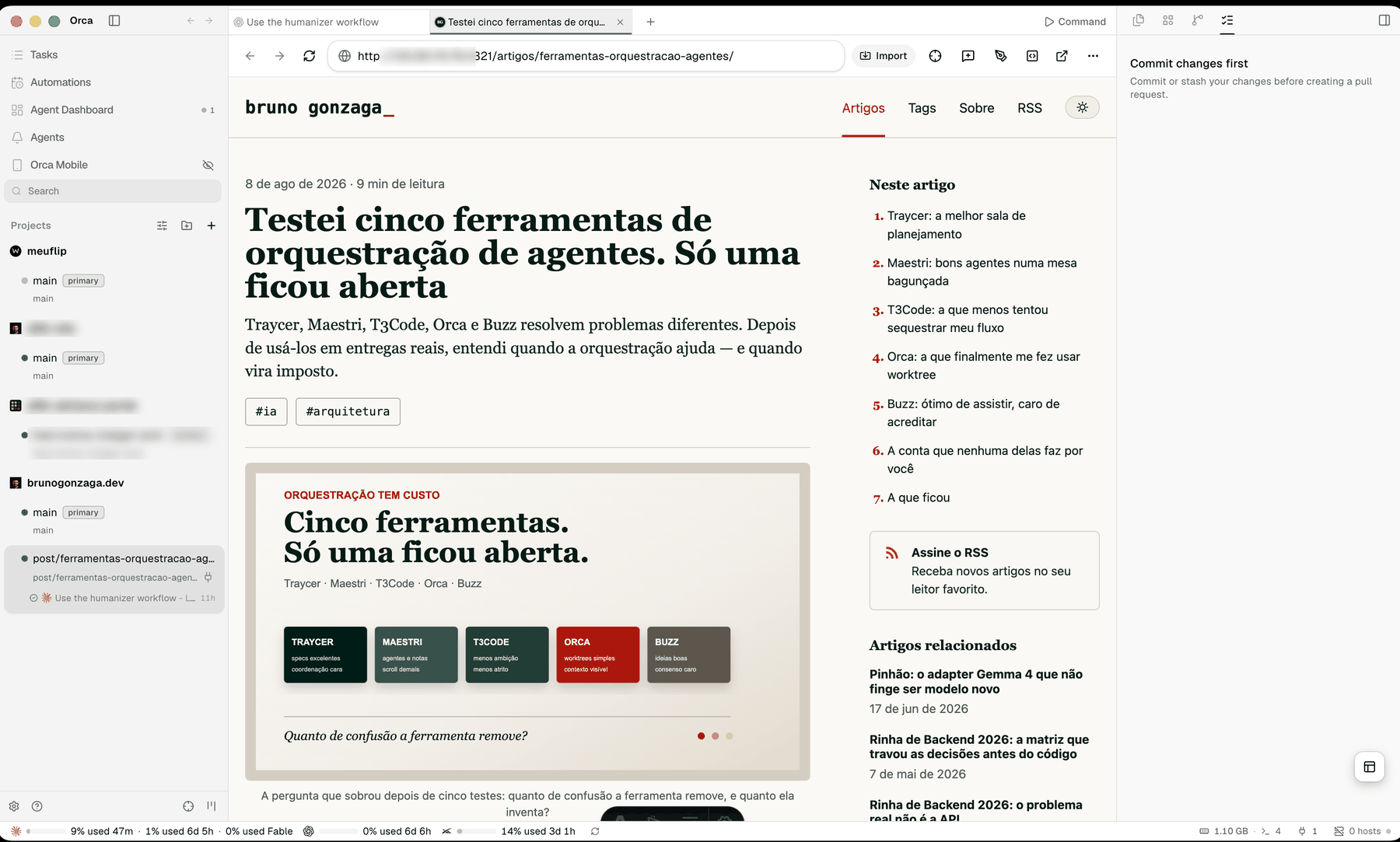 Janela do Orca com a lista de projetos à esquerda, cada um mostrando suas branches e worktrees; a worktree deste artigo aparece destacada com a tarefa em execução embaixo, e o painel principal exibe o preview do próprio artigo.
