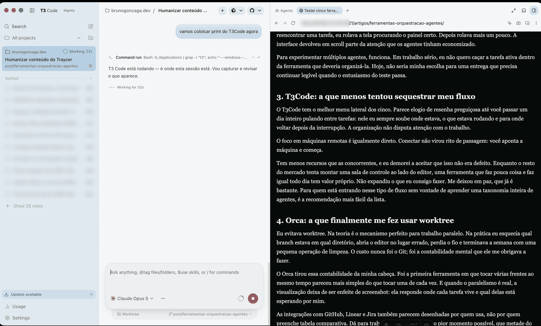 Janela do T3Code com o menu lateral de tarefas à esquerda, a tarefa ativa em destaque no topo com o nome da branch, a conversa do agente no meio e o preview do artigo aberto à direita.