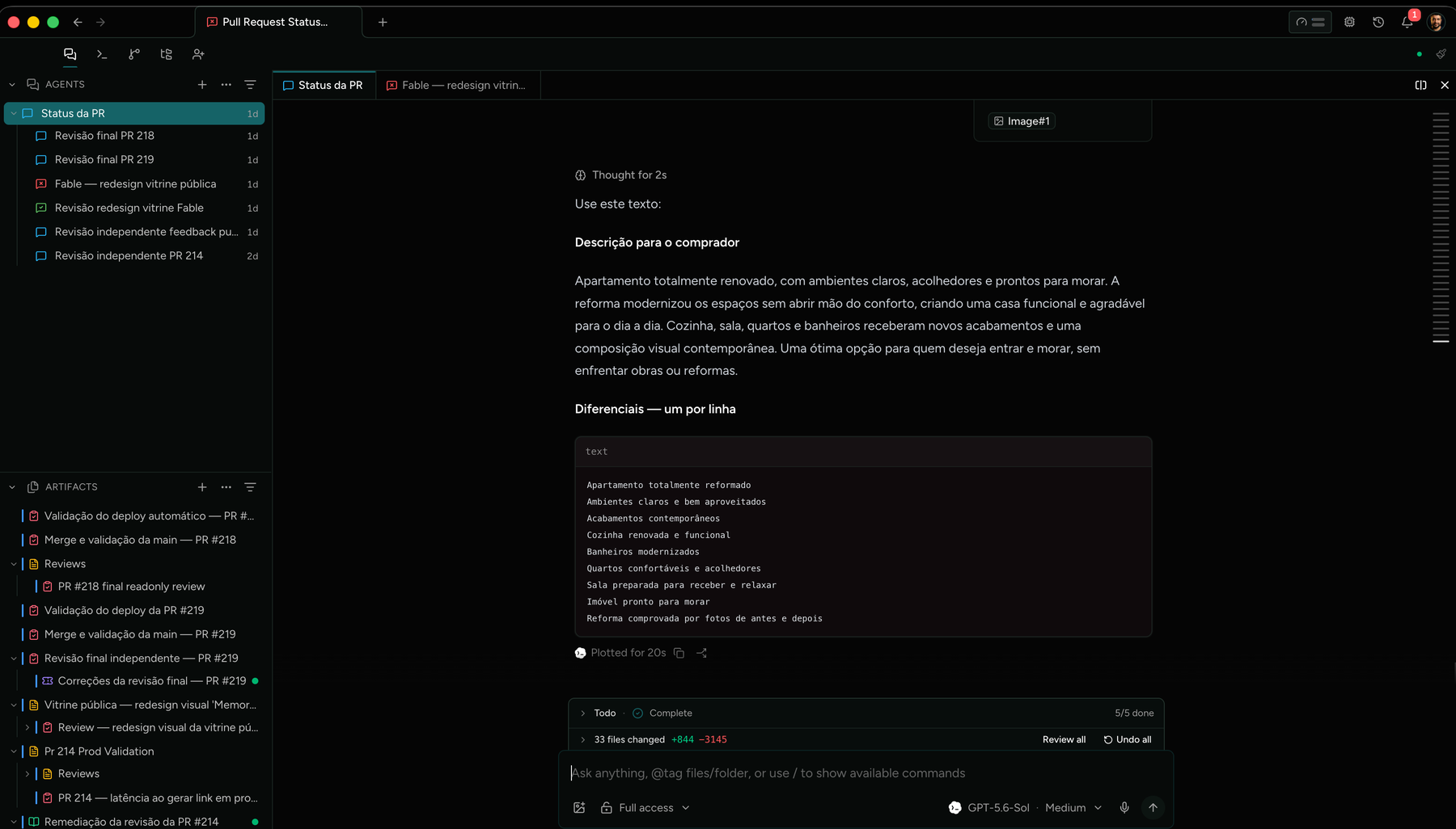 Tela do Traycer com a lista de agentes à esquerda, cada um ligado a uma revisão de PR, e abaixo a árvore de artifacts com validações, reviews e remediações; à direita, a conversa de um agente com o resultado gerado.