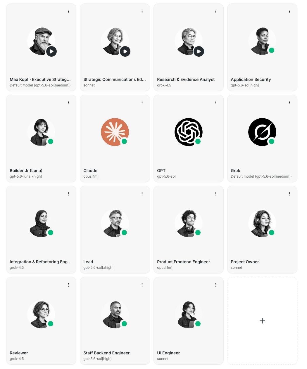 Grade de agentes do Buzz, cada card com avatar, nome e modelo: Application Security, Reviewer, Lead, Staff Backend Engineer, Product Frontend Engineer, UI Engineer, Project Owner, entre outros.