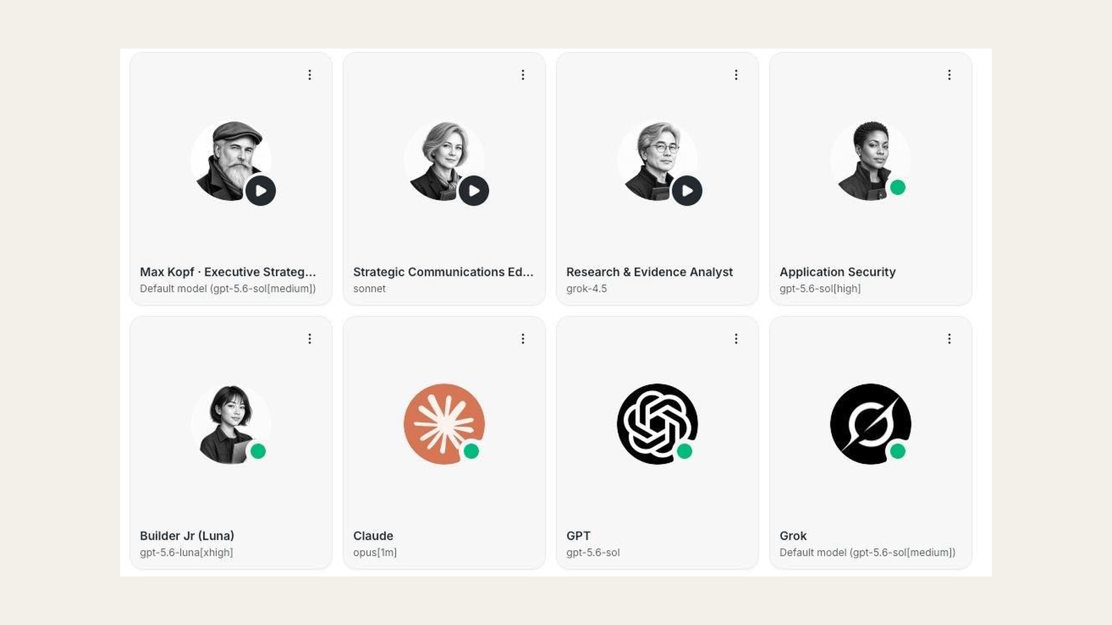 Cards de agentes do Buzz, cada um com avatar, nome e modelo próprio; o Application Security aparece na primeira fileira.